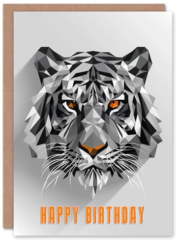 Artery8 Geometric Tiger Head Grey Orange Polygonal Animal Blank For Him Or Her Art Birthday Card