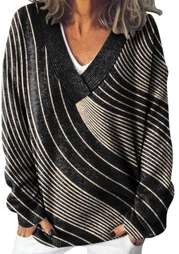 biJerou Strick Damen Grobstrick Knit V Neck Pullover Sweater (Black, XXL)