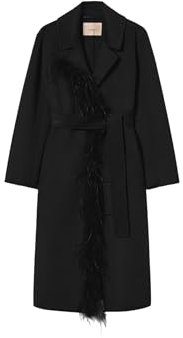 Twinset Langer Mantel mit Gürtel und Federn 242TP2065, Schwarz , 38