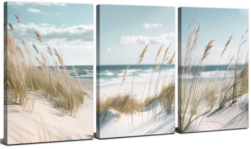 3 Piece Beach Canvas Wall Art Boho Decor Tropical Ocean Coastal Landscape Bathroom Pictures for Living Room Rustic Blue Sea Ocean Paintings Nature Plants Prints Sand Dune Reeds Posters Artwork 12x16