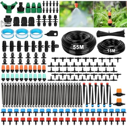 KIMIGO Kit di Irrigazione a Goccia,Impianto Irrigazione Giardino,Sistema del Giardino,55M+15M Tubi di Irrigaziones,Kit Irrigazione Orto Con Tubo,Per Irrigaziones Esterna Di Prati,Paesaggi, Aiuole,Orti