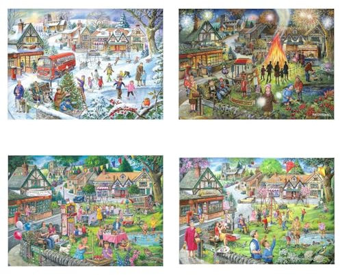 The House of Puzzles Seasons On The Green Jigsaw Set - 4 x 500 Piece Jigsaws For Adults, Multi Puzzle Pack, Artist Illustrated, Deluxe Puzzle Gifts, Sustainably Made