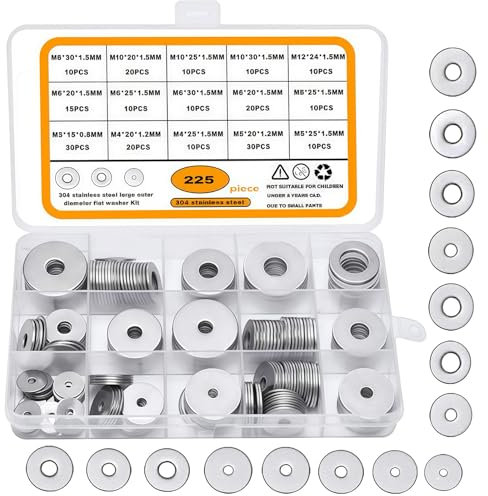 Pmueuff Arandelas de Acero Inoxidable, 225 Piezas Arandelas Planas M3/M4/M5/M6/M8/M10/M12 Arandelas Metalicas Grandes Redonda para Tornillos Pernos Sujetadores, Fontanería y Bloqueo