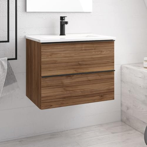 Mueble de baño suspendido 80 cm con 2 cajoneras efecto estriado color nogal - Elius