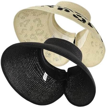 Lot de 2 chapeaux de paille pliables à large bord pour queue de cheval, protège votre peau, parfait pour les vacances d'été pour les femmes (noir + léopard)