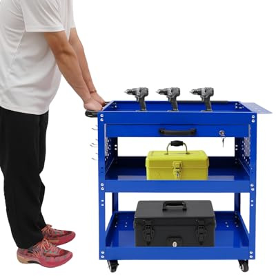 Fyssnn Werkstattwagen 250kg Tragkraft mit 3 Etagen & Abschließbarer Schublade Rollwagen mit 4 Rollen & Haken Stahl Werkzeugwagen für Werkstatt, Garage, Heavy Equipment (Blue)