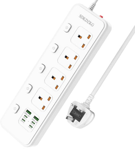 SDKDZKG Extension Lead with 4 USB-C Ports and 2 USB-A Ports, 4 Way Sockets Outlets(13A/3250W) Power Strip with Individual Switches Overload Protection and 2M Extension cord for Home Office(SDK-G61)