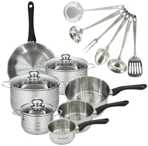 Fackelmann 9359650 1 poêle 20 cm 3 casseroles 12 16 20 cm inox 18/8, 3 faitouts inox 16 20 24 cm, 6 ustensiles, Poêle tous feux, Poêle induction, sans PFAS, Inox, Verre, 12 16 20 24 cm