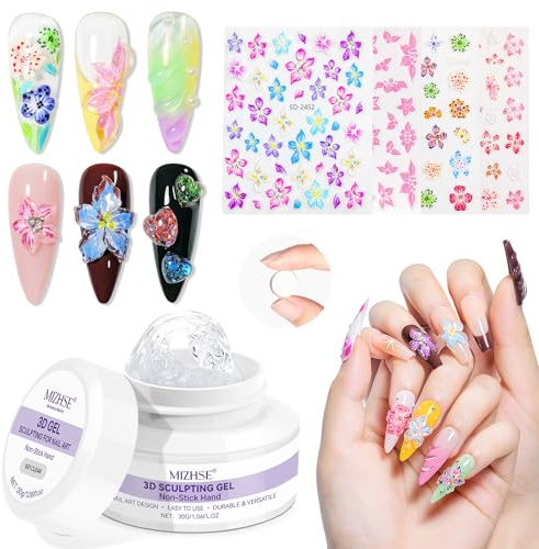 MIZHSE 3D Nail Gel Sculpting Gels,Clear 3D Gel for Nails,Solid Builder Gels Kit Carving Art, Non-stick, with Nails Arts Pen & Flower Stickers for Salon DIY