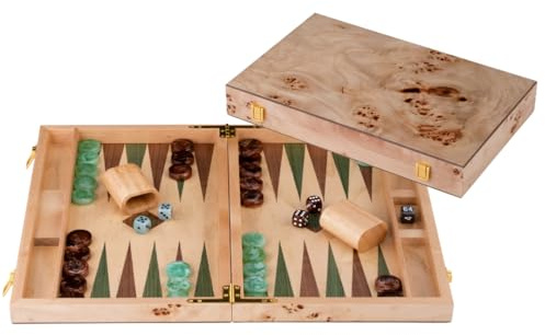 Engelhart-250550 – Backgammon Holz 15 Zoll (38 cm) Luxus Koffer Maserholz Walnuss-Inlay – Offen 48 × 38 cm – Grün/Braune Steine – Würfel & Becher – Klassisches Brettspiel