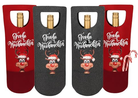 KAMACA 4er Set Flaschentaschen Filz Rentier Wein Sekt Weihnachten XL | Vier XL Flaschentaschen aus Filz mit Rentier, Tragegriff und Frontfach, ca. 15 x 37 cm, für Wein und Sekt zu Weihnachten