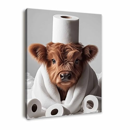 Galmcook Bathroom Wall Art Framed Canvas, Funny Highland Cow Toilet Decor, Animal Canvas Artwork for Bathroom, Farmhouse Pictures and Prints with Hooks and Magic Tape, 12x16 Inch