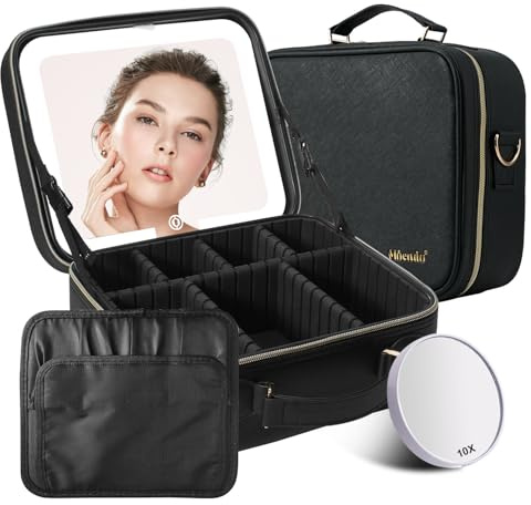 Mocado Travel Makeup Bag with LED Mirror, Cosmetic Bag, Makeup Organiser Storage with 3 Color Lighted Setting and 10x Magnifying Mirror, Vanity Case and Adjustable Dividers Makeup Box(Black)