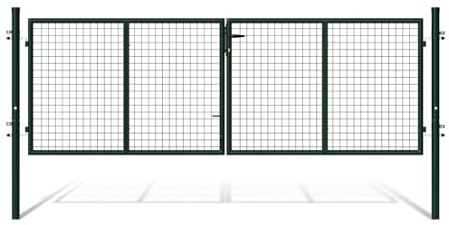Eikuavons Doppelflügel Gartentor, 300x100cm Gartentür Metall Gartentor inkl. Griff, Schloss, 3 Schlüsseln und Bodenverriegelung, Robust Doppelflügelig für Stabmattenzau Zauntor, Grün