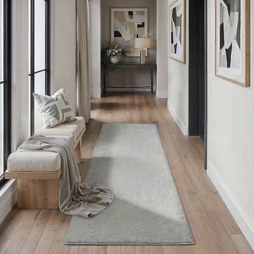 PureCozy Läufer Flur Teppich 60x180cm Grau Waschbarer Flauschiger rutschfest Weich Kunstfell Fellteppich Kurzflor Teppiche Kinderzimmer Bettvorleger Schlafzimmer Kinderteppich Runner Carpet