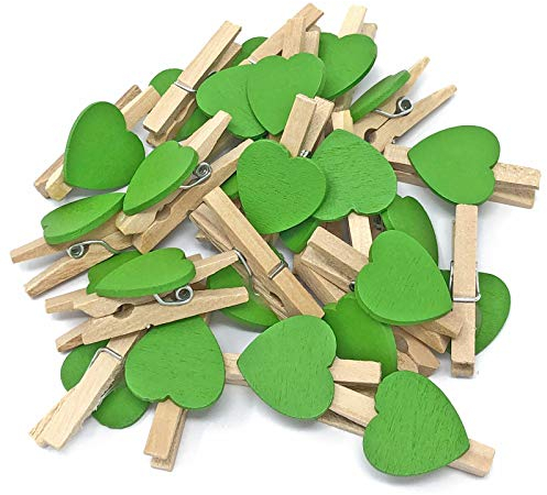Pinces à linge 30 mm avec 15 mm cœur vert Craft pour style shabby chic vintage pour mariage, Bois dense, vert, 30mm