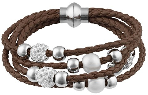 Mianova Damen Glück Armband Armreif geflochten mit Strass Kristall Steinen Shamballa und Perlen Kugeln Leder Leder Armband Armreif Braun
