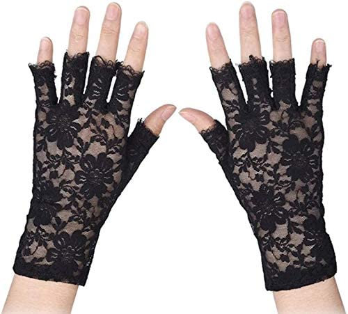 Kungfu Mall Damen Schwarz Fingerlose Spitze Handschuhe Kostümfest Zubehör für Halloween Party Dekoration Handschuhe (2 para)