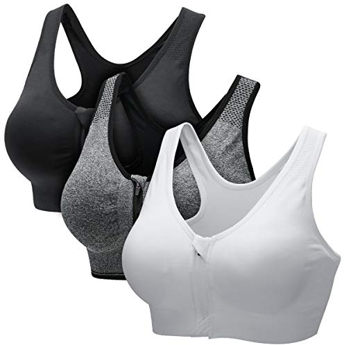 CARETOO Damen Sport BH Stark Halt Active Bra Höhe Beanspruchung Trainieren Bustier Fuer Yoga Fitness - Mit Reißverschluss Schwarz + Weiß + Grau, XXL