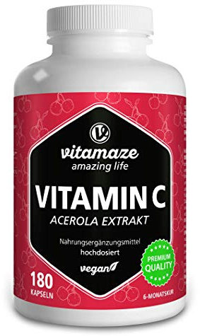 Vitamina C Acerola, 160 mg Vitamina C Naturale da 660 mg di Estratto di Acerola, Vegan & Biodisponibile in Modo Ottimale, 180 Capsule per 6 Mesi, Integratore Alimentare senza Additivi Inutile…