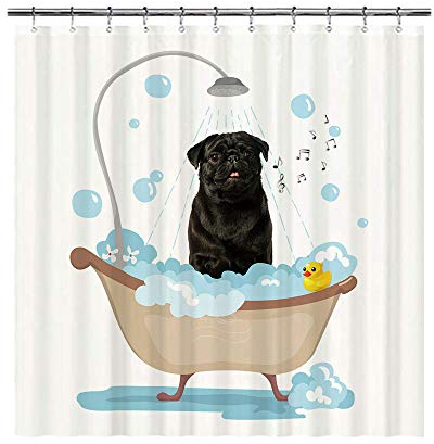 BAGEYOU Duschvorhang mit lustigem Mops-Motiv, wasserdicht, Polyester, 168 x 183 cm, mit 12 Haken