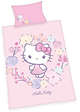 Herding Hello Kitty Bio-Bettwäsche-Set, GOTS-zertifiziert, Wendemotiv, Kopfkissenbezug 40 x 60 cm mit Hoteleinschlag, Bettbezug 100 x 135 cm mit leichtläufigem Reißverschluss, Baumwolle/Renforcé