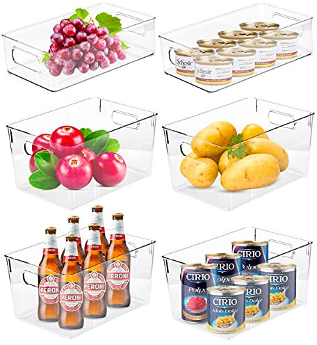 Wuudi Kühlschrank Organizer Aufbewahrungsbox Set 6er Set, 4 Große und 2 Mittel Kühlschrank Organizer mit Griffen aus Kunststoff für Küche oder Kühlschrank