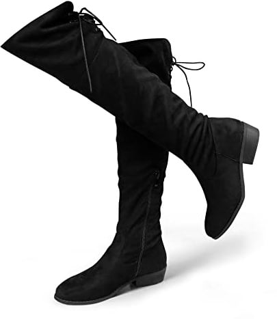 Hawkwell Women's Thigh High Fashion Boots Over The Knee Black Low Flat Heel Boots,Black Faux Suede,8 M US