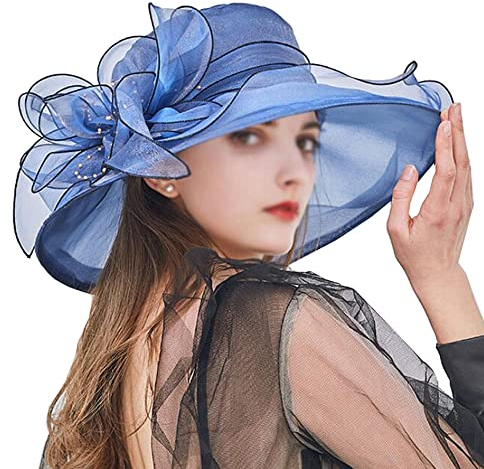 ZESLIV Sombrero de organza para mujer, para bodas, para bodas, para el sol, flores, verano, playa, paja, azul oscuro, 58
