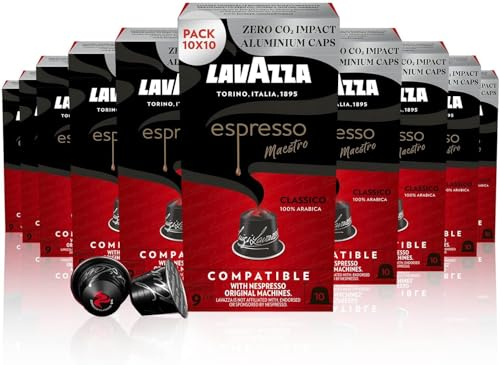 Lavazza, Espresso Maestro Classico, 100 Capsules Café Compatibles avec les Machines Nespresso Original, Notes de Biscuits et Céréales, 100% Arabica, Intensité 9/13, Torréfaction Foncé, 10 Paquets