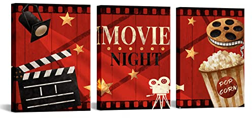 Apicoture Home Theater Decor Movie Night Sign Canvas Wall Art Prints Movie Film Reels Popcorn Lamplight Painting Print Media Room Home Cinema Wall Decor Framed Ready to Hanging 30,5 x 40,6 x 3 Stück