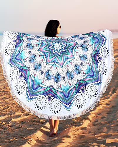 Mandala-bedrucktes, großes, rundes Strandtuch mit Quasten, Mikrofaser, schnell trocknend, sandfrei, dick, Boho-Stil, Stranddecke, Hippie, Yoga-Handtuch, Kreis, Meditationsteppich, blau,weiß