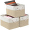 Mangata Large Storage Box set of 3, Canvas Fabric Storage Baskets with Handles for Cupboards, Wardrobe, Shelves, Bathroom, Clothes, Toys, Towel (Foldable, Khaki White)