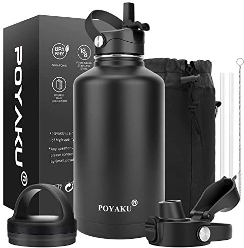 Water Bottle Insulated 32oz 40oz 64oz 128oz Straw Lid Spout Lid & 3 Lids, Leak Proof, Vacuum Insulated,Stainless Steel Water Bottle Wide Mouth for Sports, Gym or Office (64oz Magic Black, 64 oz)