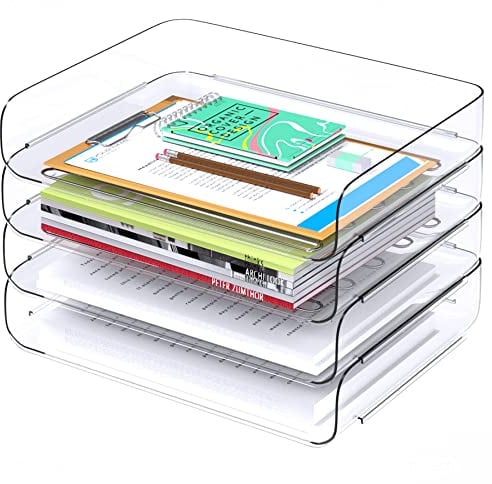 Tomorotec Desk Letter Tray Set 4-Pack, A4 Size Clear PET Stackable Document Organizer Office Desktop File Paper Holder Book Storage Rack Side Load Anti-Skid Stacking Support Convex Bottom Grooved Snap