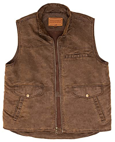 Driver Clothing Co. Men's Heavy Gauge Poly Canvas Utility Work Vest with Soft Flannel Lining and Wax Oil Weather Resistant Finish | 5 Outer Pockets and 3 Inner Pockets | Distressed Brown | Medium