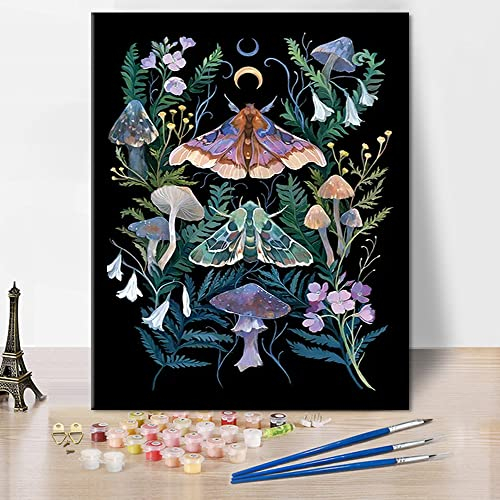 TISHIRON Peinture par numéros pour adultes débutants, papillons de nuit DIY kits de peinture par numéros pour adultes, enfants, champignons et feuilles à l'huile Peinture 40 x 50 cm (sans cadre)