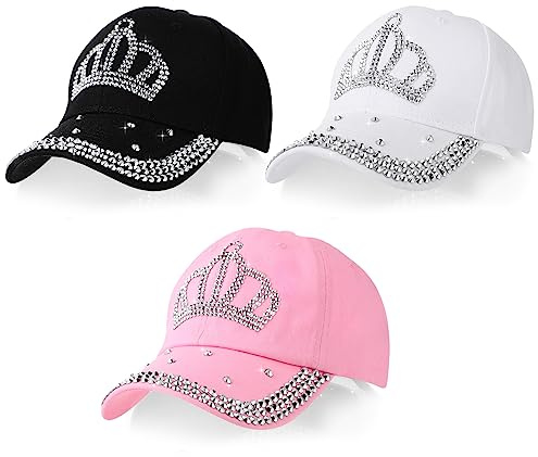 Jeyiour 3 x glitzernde Baseballmützen für Damen, Strass-Krone, Baumwolle | Verstellbare Denim-Kappen, Juwelenhut, Kronen-Design, Sonnenschutz für Outdoor-Kleidung, Cowboyball-Geschenke, Kostümzubehör