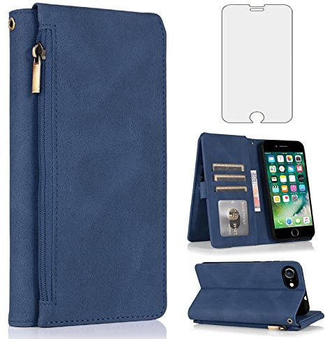 Compatible with iPhone 7/8/SE 2020/2022 Wallet Case Tempered Glass Screen Protector Zipper Leather Flip Cover Card Holder Stand for iPhone7 iPhone8 SE2020 SE2022 2/2nd/3/3rd SE2 SE3 Women Men Blue