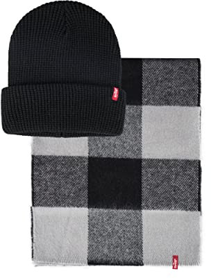 Levi's Herren Waffelmütze und Plaid Schal Set, Schwarz, Einheitsgröße