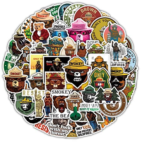 LYLSDSB 50 Stück Smokey Bear Stickers Cartoon niedliche Tier Aufkleber für Laptop Wasserflaschen Scrapbook Skateboard Motorrad Auto Gepäck,Wasserdicht Funny Bear Aufkleber für Kinder Teenager