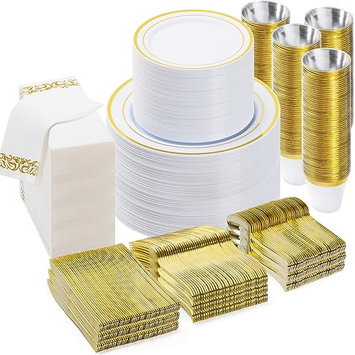 BESTVIP 700 PCS Gold Dinnerware Set for 100 Guests, Plastic Dinnerware Set for Party, Christmas, Include: 200 Plastic Plates, 100 Gold Silverware, 100 Cups, 100 Paper Napkins