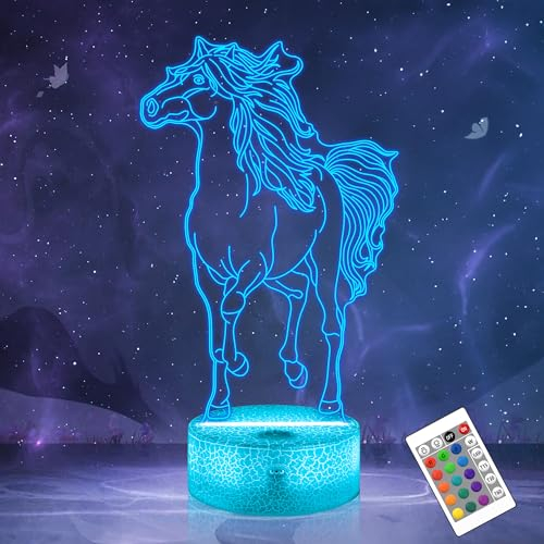 OkiyiD Pferd Geschenke für Mädchen, Pferd 3D Illusion Lampe Pferd Nachtlicht mit Fernbedienung + Touch 16 Farbwechsel + Timer Schreibtischlampen für Mädchen Zimmerdekor (Pferd 3)