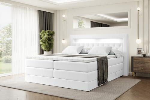 ALTDECOR Boxspringbett mit Matratze und Lattenrost, LED, Topper, Polsterbett mit Bettkasten, Bett mit Stauraum H3- und H4- Matratze, Doppelbett - Noel Gold King - 120x200 Weiß Kunstleder