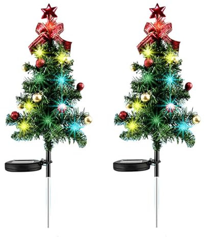 2Pcs Christmas Pathway Lights Solar Christmas Tree Garden Stake Lights Waterproof Mini Christmas Tree Outdoor Decorations for Lawn Pathway Patio Yard (Red, 68cm)