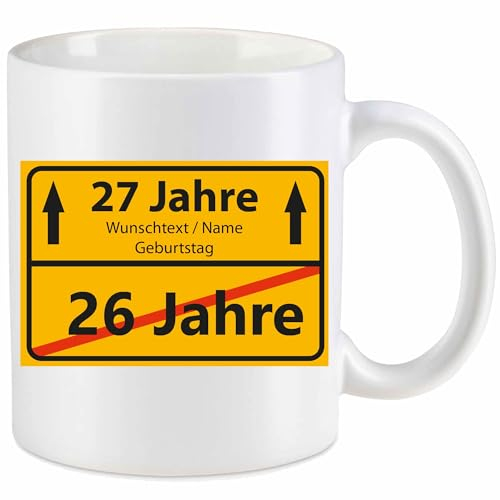 Kiwistar Tasse weiß - Keramik - 330 ml - 26 Jahre - 27 Jahre - individuell personalisiert mit Wunschtext bedruckt - Ortsschild - mit Jahr & Geburtstag - Texttasse selbst gestalten - Geschenk