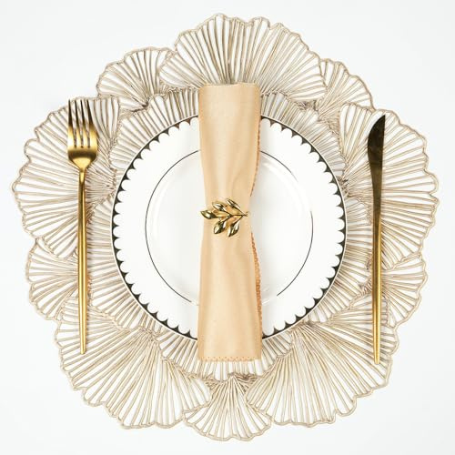 Evevda Round Placemats Set of 6, Gold Leaf Vinyl Place Mats 15 Inch