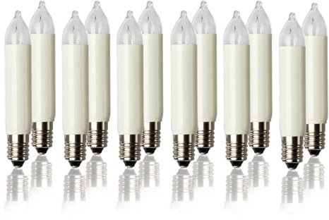 hellum Ersatzbirnen für Lichterbogen, 12 Stück 23V 3W klein-Schaftkerzen für Schwibbogen, für Ersatz-Kerzen Lichterketten innen und außen mit 10 Brennstellen, ø10mm E10/ 23V/ 3W/ 22Lumen 151336