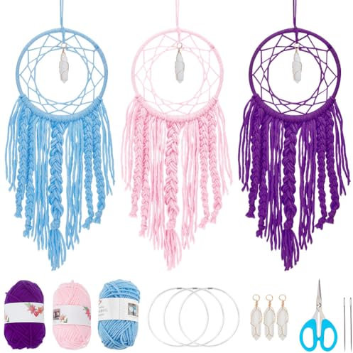 WEBEEDY Makramee-Set DIY 3 Sets Traumfänger-Bastelset Mit Kristallanhänger Machen Sie Ihre Eigene Boho-Heimdekoration Makramee-Wandbehang Inklusive Traumfänger-Reifen, Garn Und Anleitung