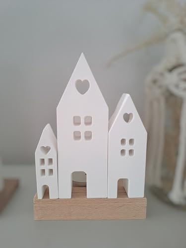 Lichthaus auf Holzleiste mit Kerze (Dreier Leiste)